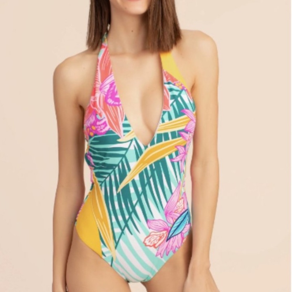Trina Turk Terra Nostra Plunge Tropical Print Swimsuit Size 14 - Picture 1 of 15